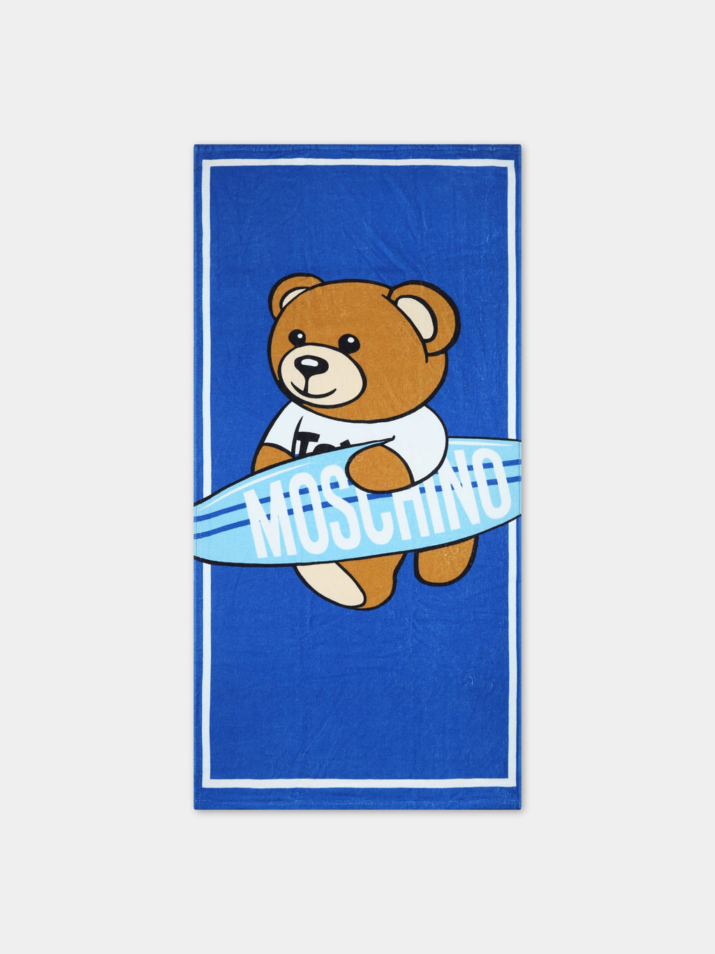 Light blue beach towel for boy with Teddy Bear and surf